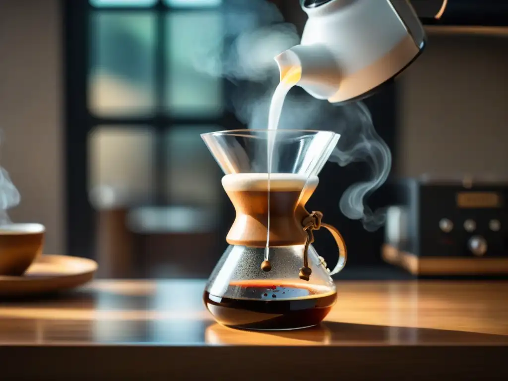 La ciencia detrás de una taza de café equilibrada: detalle fotorealista de una Chemex en pleno proceso de extracción