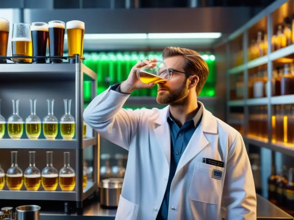 Un científico vierte lúpulo en un matraz con líquido dorado en un laboratorio de cerveza