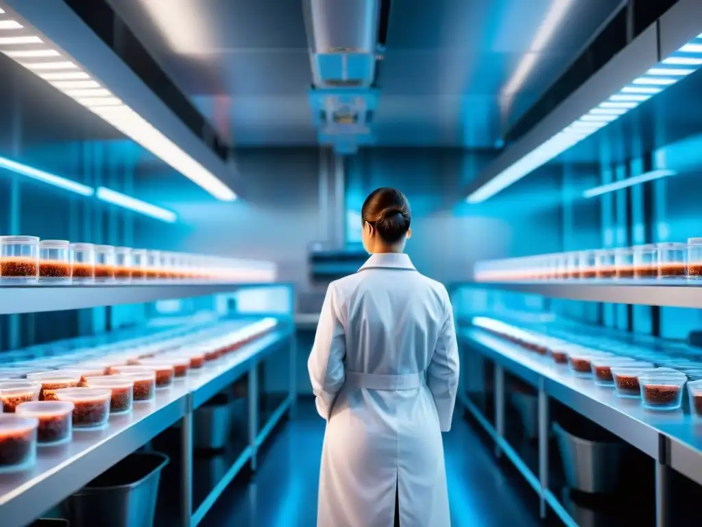 Científicos en laboratorio de alta tecnología examinan carne cultivada en petri dishes