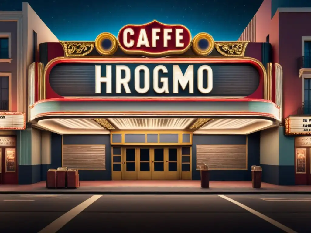 Un cine vintage iluminado de noche con el letrero 'Café en el Cine: Historia y Protagonismo', en una ciudad bulliciosa