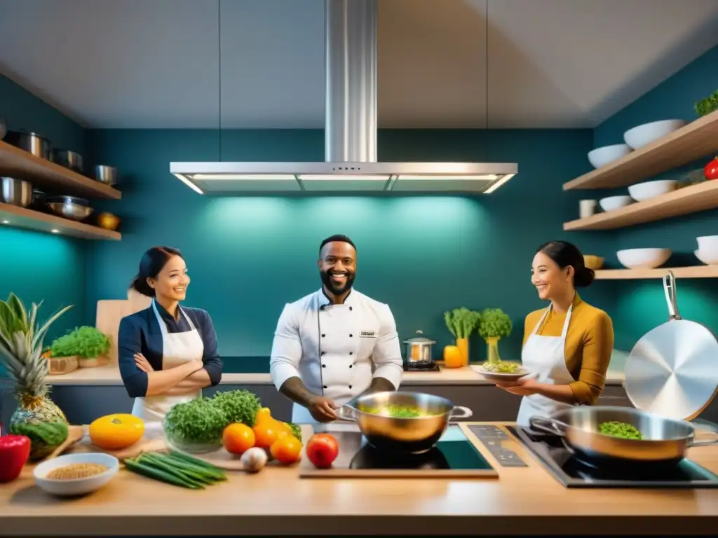 Una clase virtual de cocina gourmet online con chefs renombrados y entusiastas estudiantes participando activamente