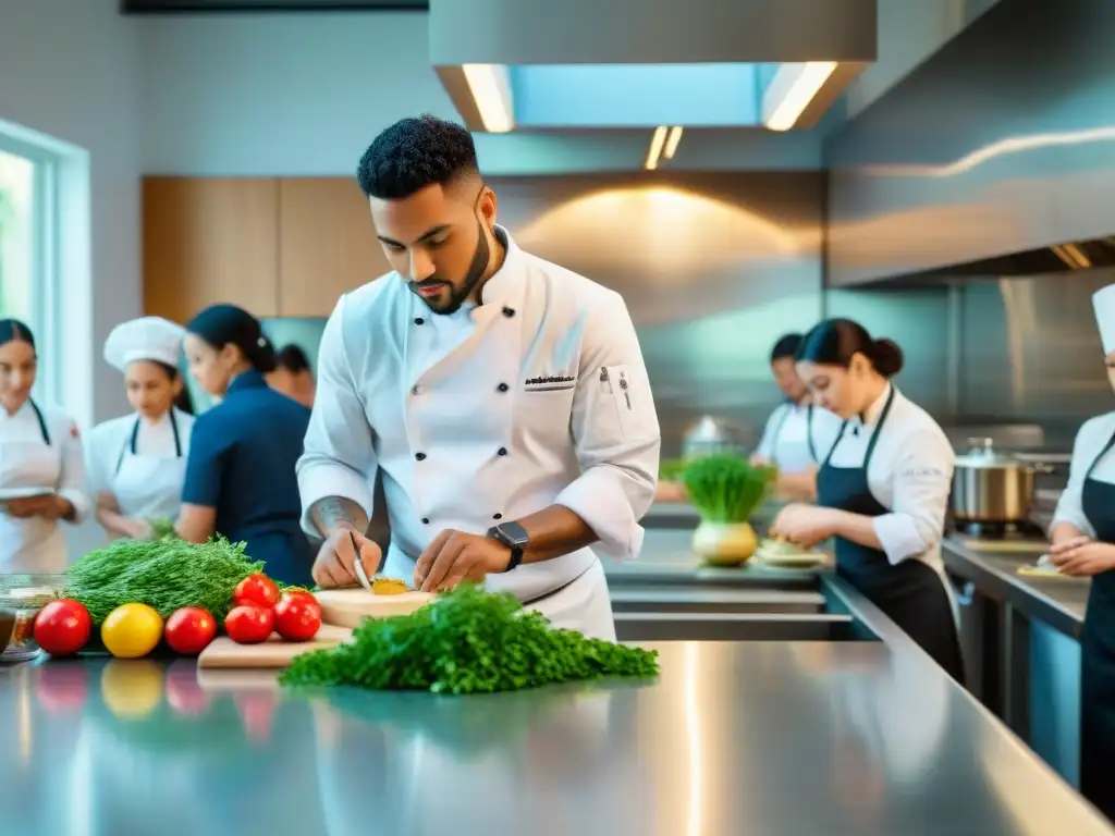 Clases de cocina fusión internacionales: Chef enseñando a estudiantes diversos en aula luminosa y moderna