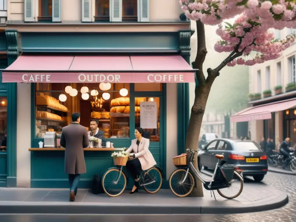 Clientes elegantes disfrutan de croissants y café en una bulliciosa cafetería parisina