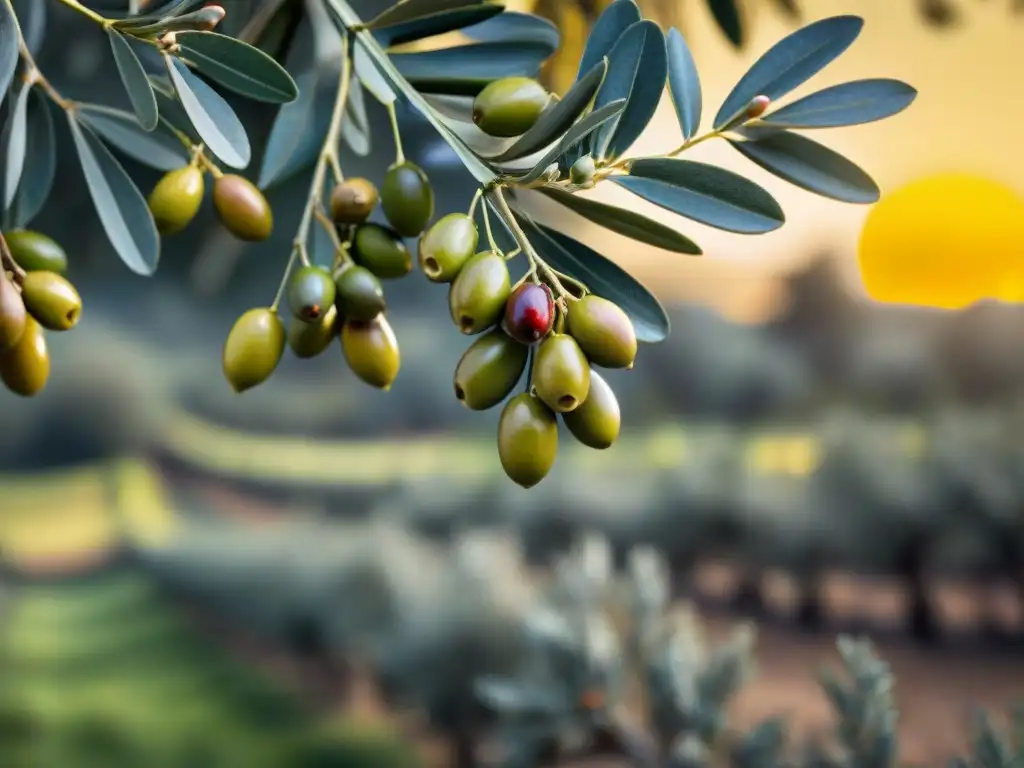 Cluster de aceitunas maduras brillantes en un olivar bañado de luz dorada