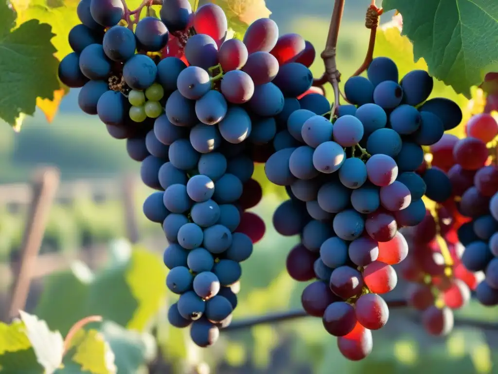 Cluster de uvas rojas brillantes en viñedo, con tonos de púrpura y carmesí bajo luz suave