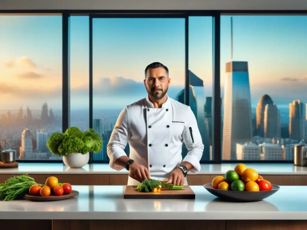 Cocina de Autor en Hogar: Chef preparando plato de autor en cocina moderna con vista a la ciudad