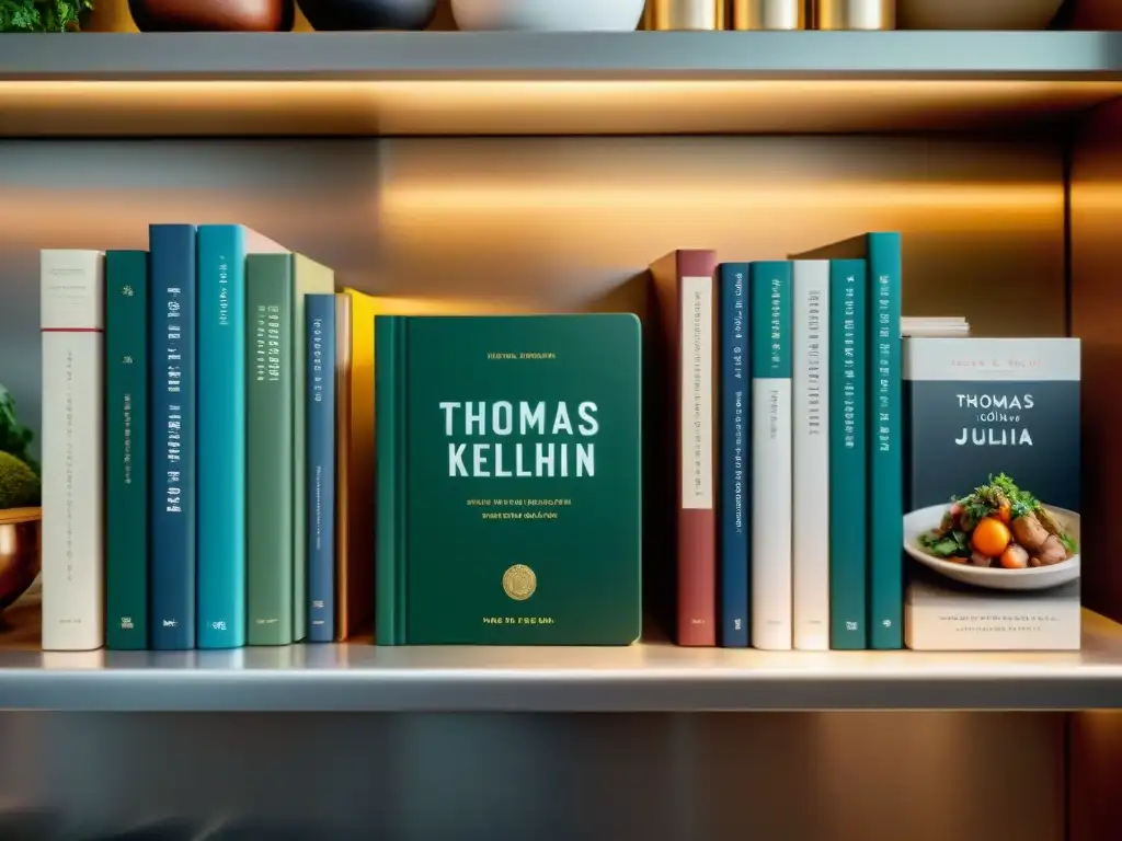 Una cocina biblioteca lujosa llena de libros de chefs estelares como Thomas Keller y Ferran Adrià