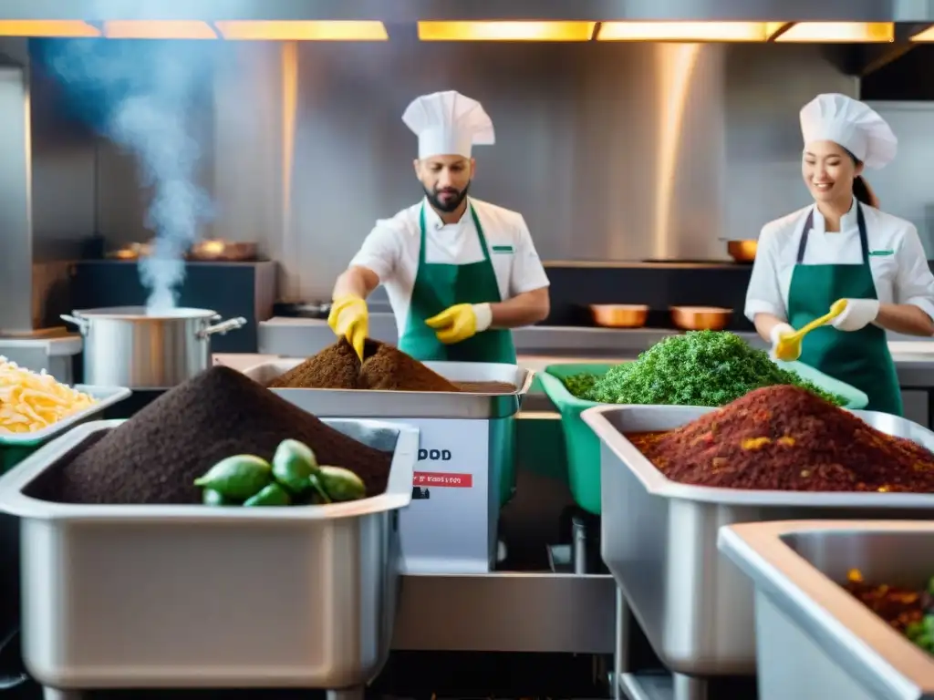 Cocina bulliciosa con chefs compostando, en tendencia de gastronomía verde