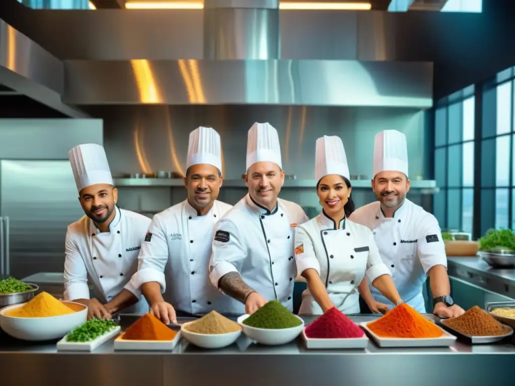 Una cocina de fusión: chefs concentrados en sus técnicas, rodeados de especias y herramientas modernas