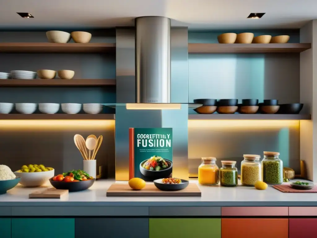 Una cocina fusionando chefs, libros y culturas culinarias, iluminada por la calidez de la luz natural