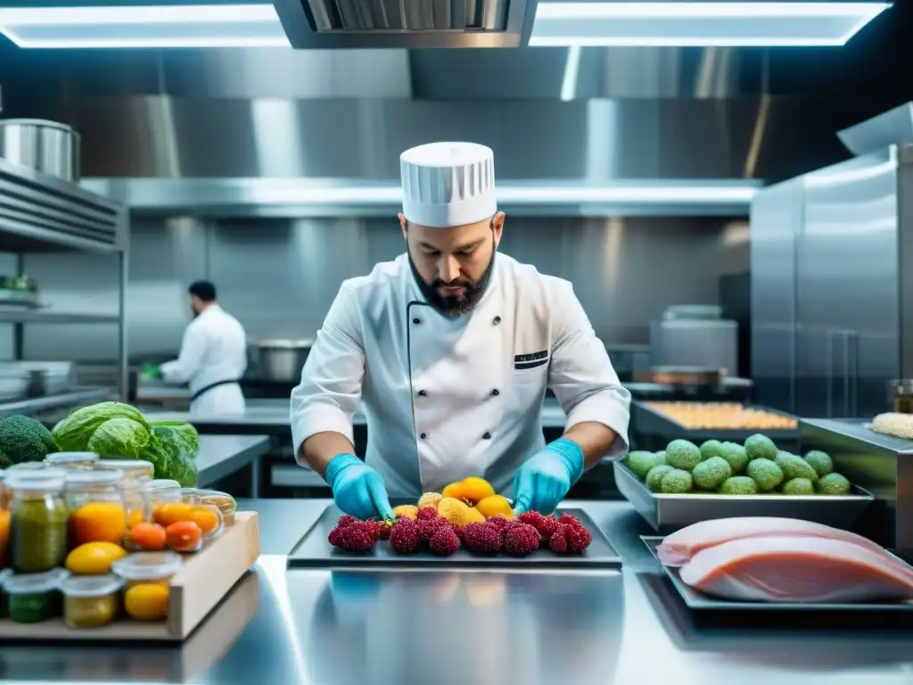 Cocina comercial moderna con chefs preservando ingredientes frescos con técnicas avanzadas