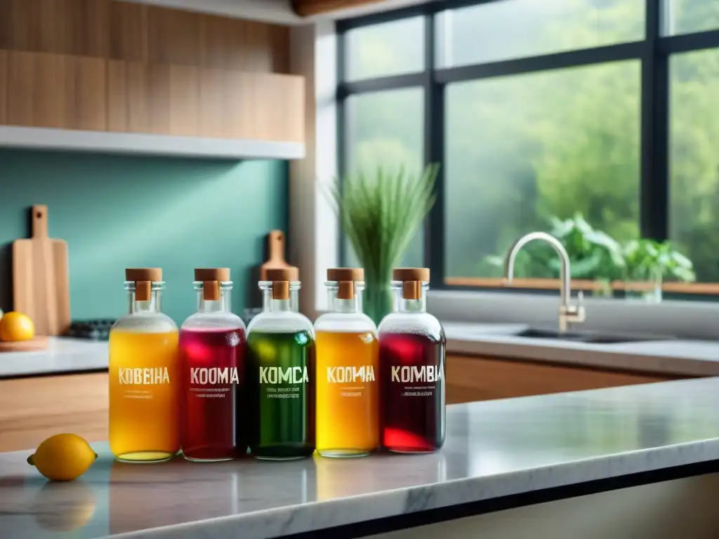 Kombucha artesanal en cocina moderna Una cocina elegante con botellas de kombucha de colores vibrantes
