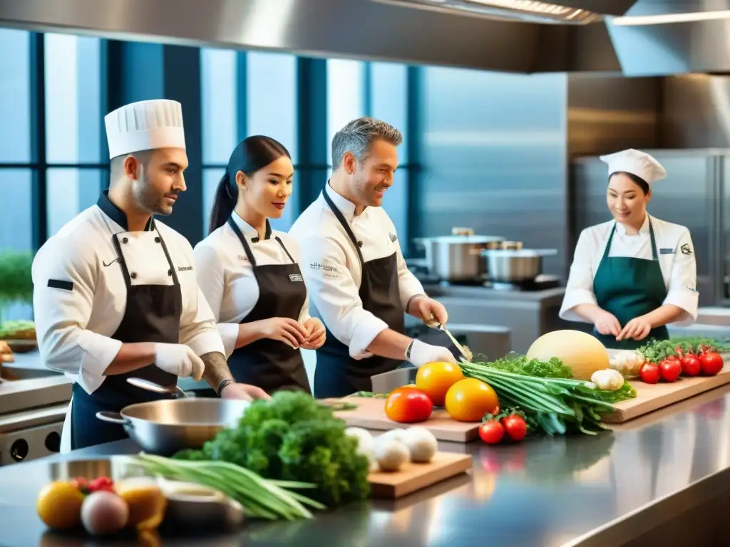 Una cocina de escuela culinaria prestigiosa rebosante de actividad, con maestros gourmet instruyendo a estudiantes en técnicas culinarias