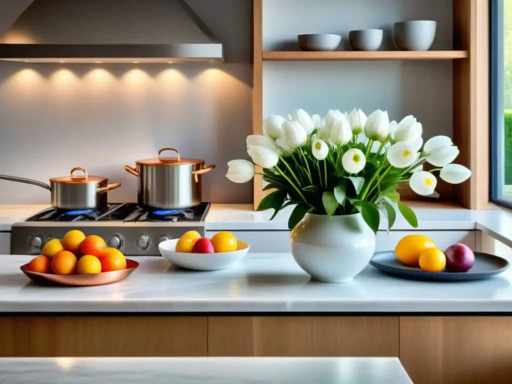 Una cocina francesa contemporánea de lujo con detalles exquisitos y una elegante mesa de comedor