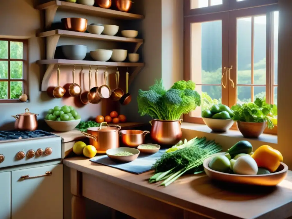 Un rincón de cocina francesa con utensilios de cobre, hierbas frescas y frutas coloridas