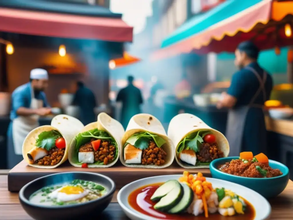 Cocina de fusión: escena de mercado callejero vibrante y multicultural con chefs de diversas culturas preparando platos únicos