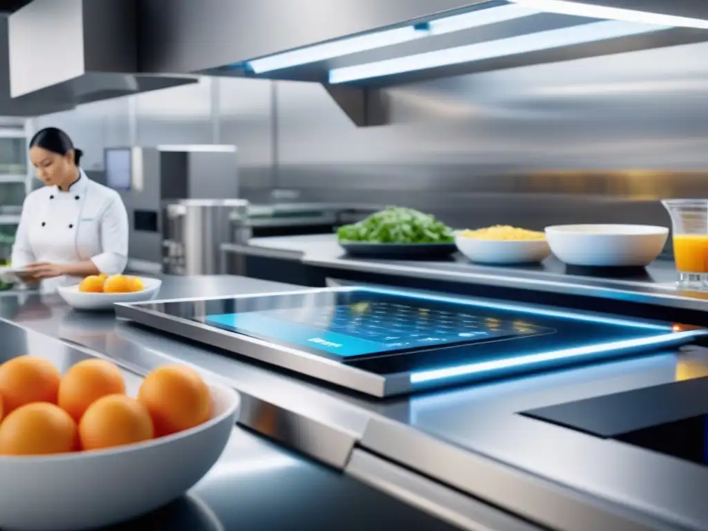 Cocina futurista con alimentos impresos en 3D, ambiente moderno y tecnológico