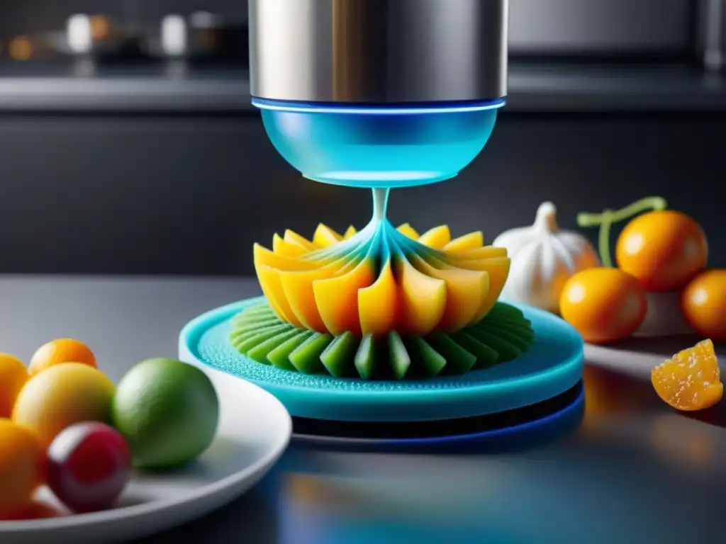 Una cocina futurista con alimentos impresos en 3D y gadgets de alta tecnología, fusionando arte y ciencia