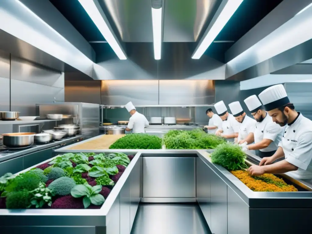 En una cocina futurista, chefs crean platos reinventados alta gastronomía con ingredientes locales y tecnología innovadora