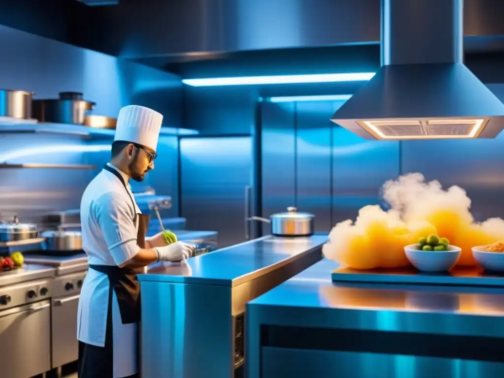 Cocina futurista con impresión 3D en gastronomía: chefs y tecnología crean platos coloridos y detallados en una escena iluminada suavemente