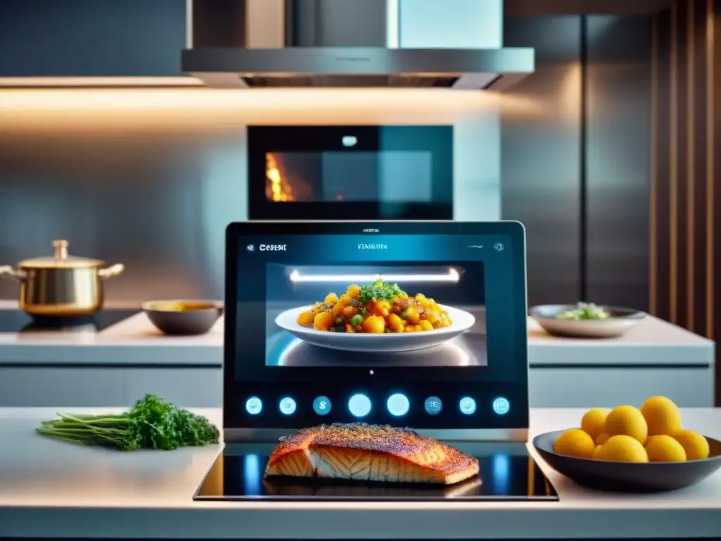 Cocina futurista con gadgets modernos y chef usando gafas de realidad aumentada, iluminación exquisita