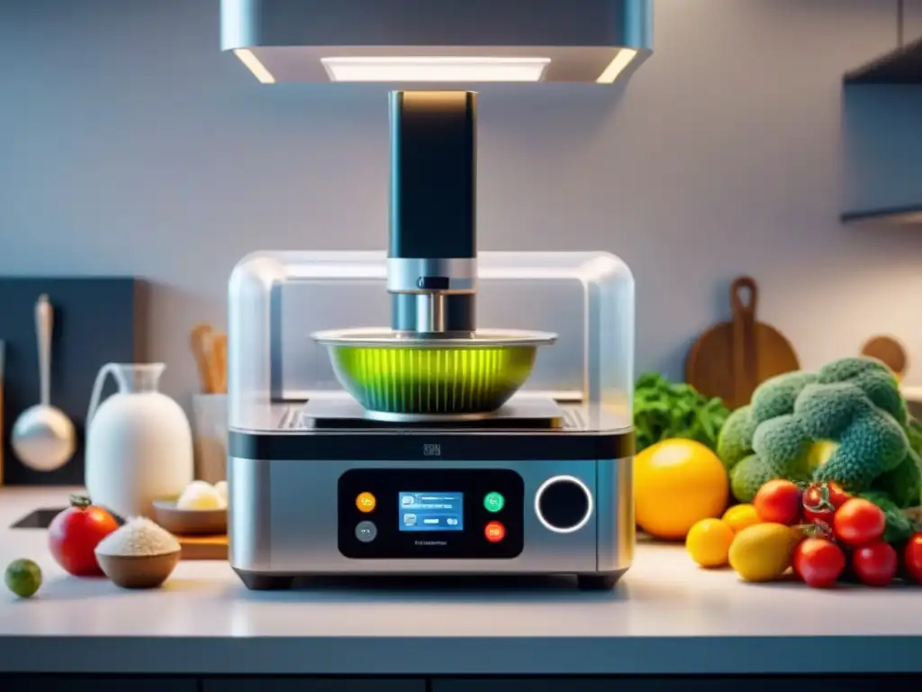 Una cocina futurista donde una impresora 3D de alimentos crea platillos con precisión, resaltando la tecnología ética