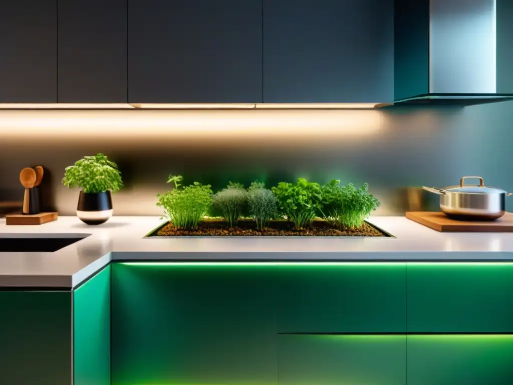 Una cocina futurista con el Jardín Inteligente para Hierbas y Especias y gadgets de cocina innovadores, creando un ambiente moderno y tecnológico