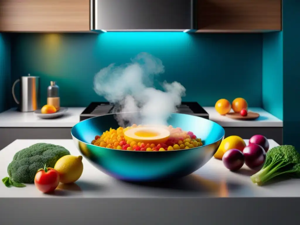 Una cocina futurista llena de ingredientes exóticos impresión 3D y platos coloridos y detallados