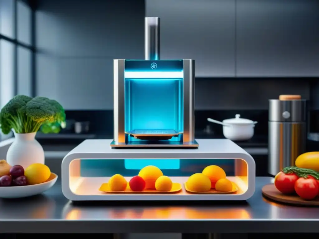 Una cocina futurista donde la impresión 3D en gastronomía crea platos detallados y apetitosos con precisión