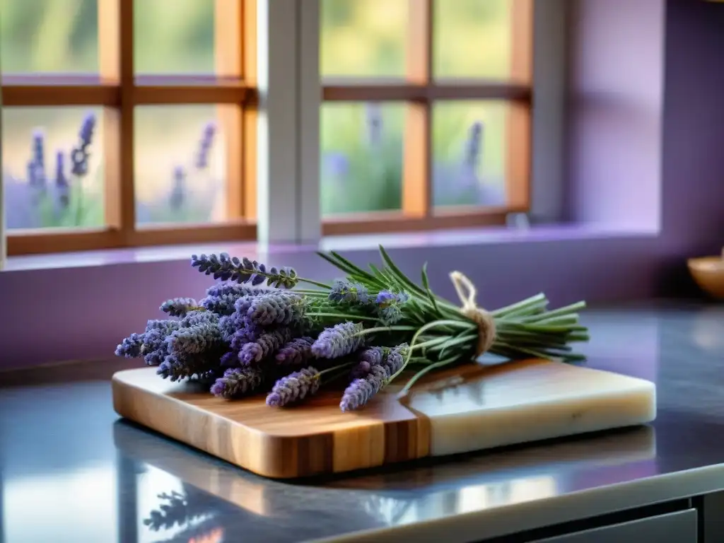 Cocina gourmet elegante con lavanda fresca, creando un ambiente sereno y sofisticado