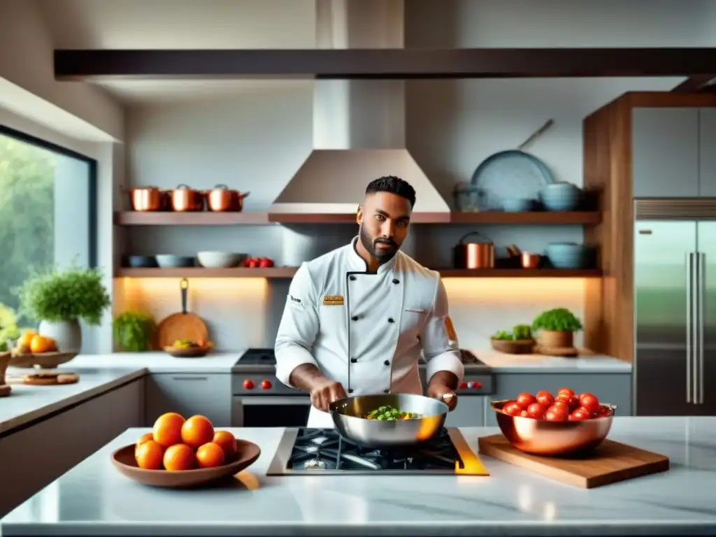 Una cocina gourmet elegante con libros de gastronomía recomendados y una receta colorida en progreso