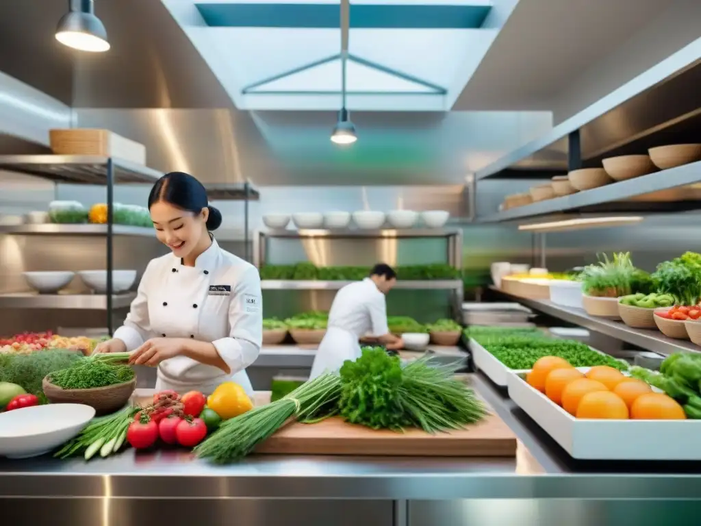 Cocina orgánica: chef experto en plato gourmet Cocina gourmet orgánica: chef preparando ingredientes frescos en cocina vibrante y acogedora