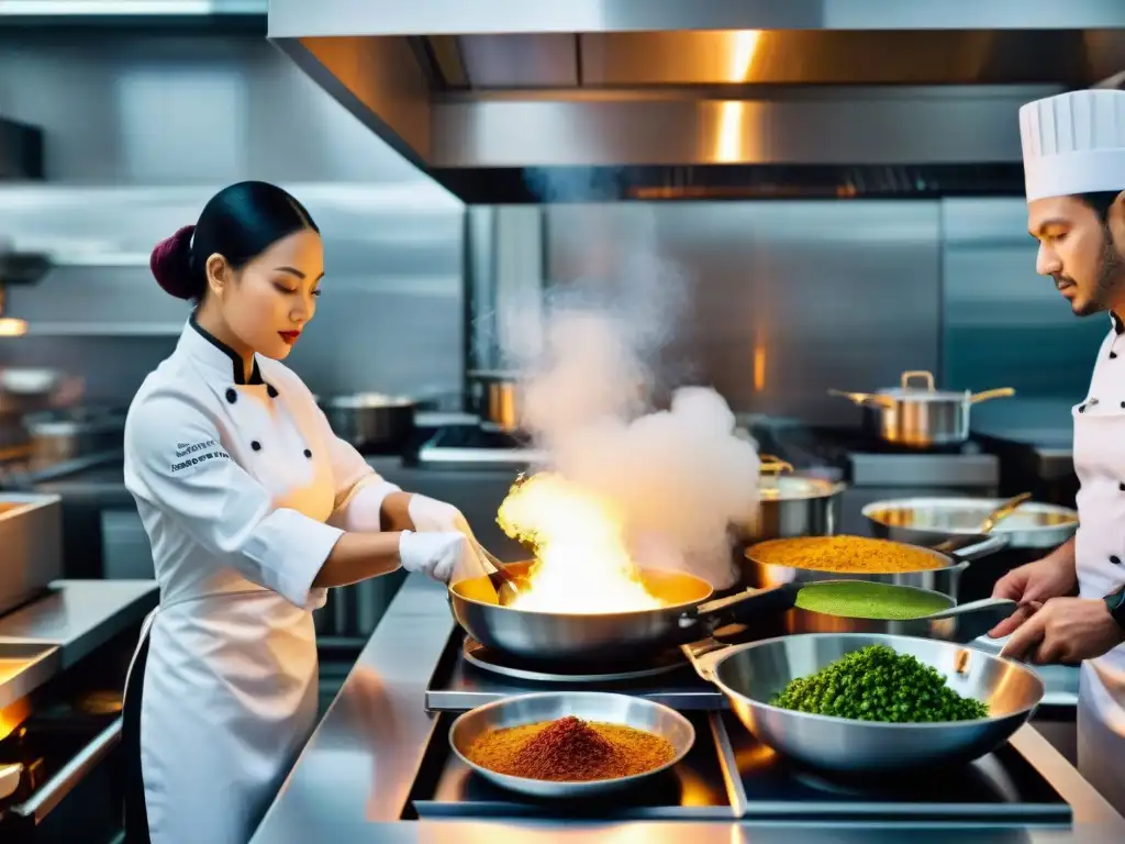 Una cocina de fusión gourmet internacional llena de chefs de diversas culturas creando platos innovadores en armonía