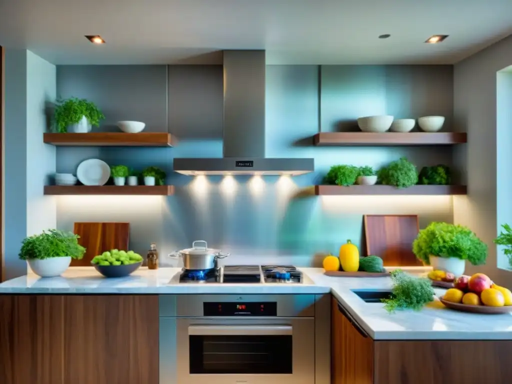 Cocina gourmet con libros de chefs renombrados y detalles elegantes, inspirando creatividad culinaria