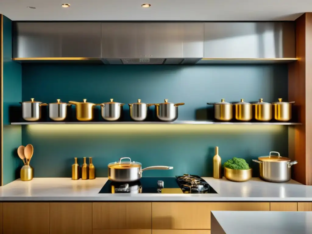 Cocina gourmet con libros de chefs renombrados elegantes y utensilios de alta gama