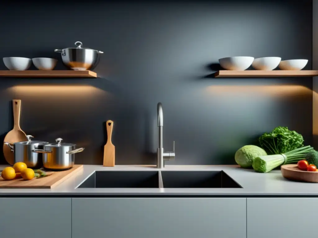 Cocina gourmet minimalista en blanco, gris y negro, con línea limpia y elegantes electrodomésticos de acero inoxidable