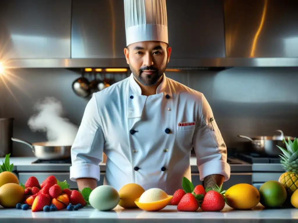 Innovación en la cocina: chef preparando helado de vainilla con nitrógeno líquido, rodeado de frutas exóticas