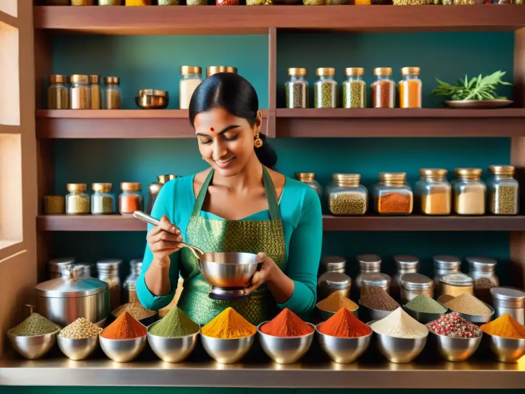 Una cocina india tradicional llena de coloridas especias en contenedores ornamentados