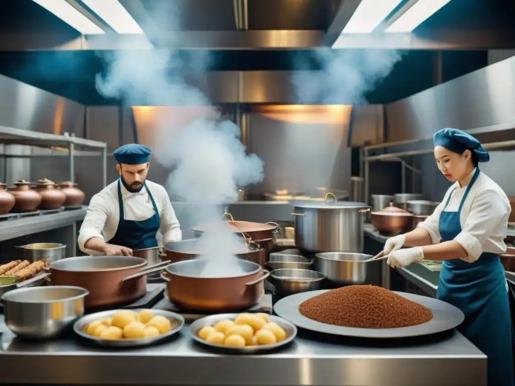 Una cocina industrial del siglo XIX llena de maquinaria, trabajadores preparando platillos gourmet y un ambiente de innovación