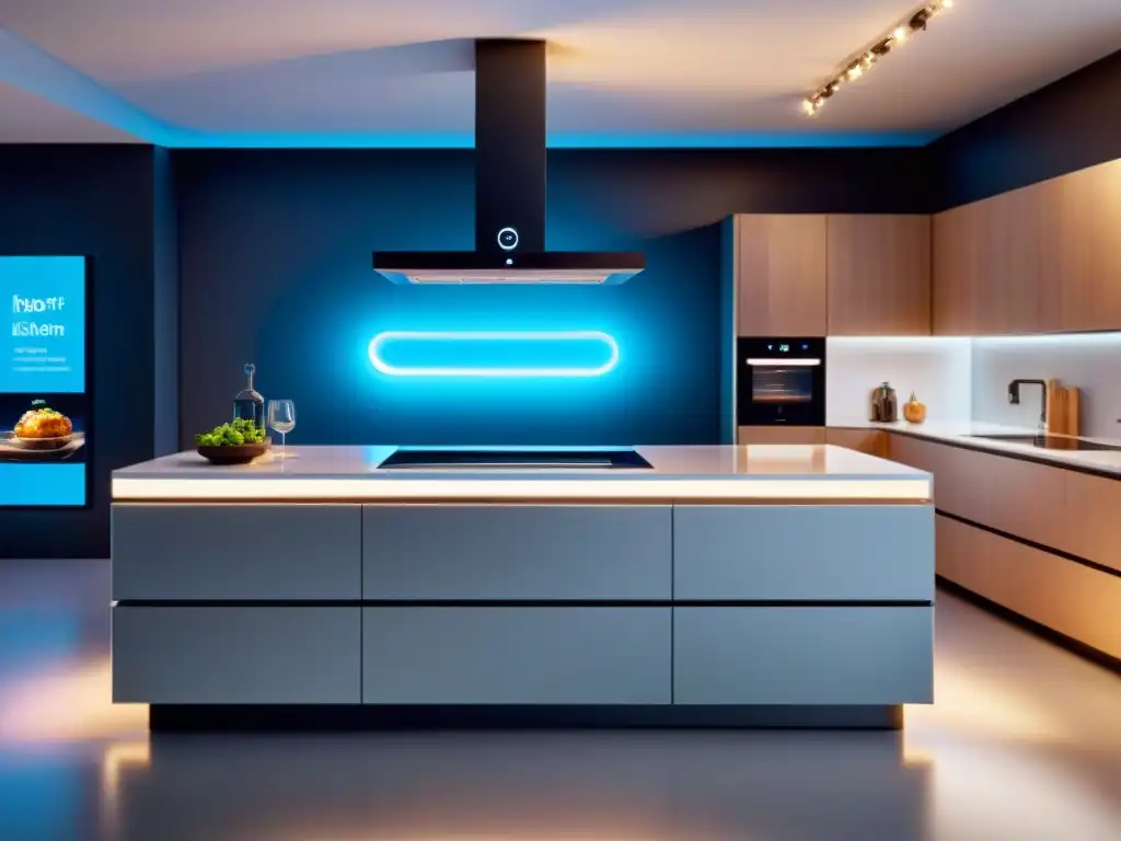 Una cocina inteligente con gadgets de última generación en un ambiente futurista y elegante