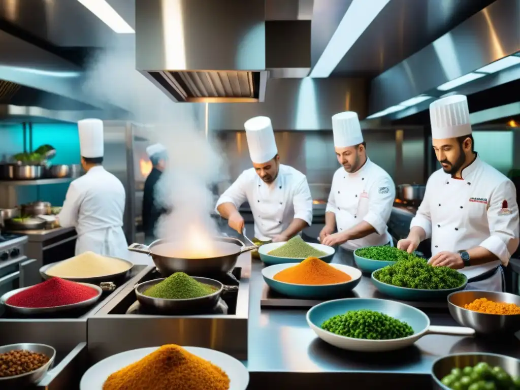 Una cocina internacional bulliciosa con chefs expertos en Clases de Cocina Fusión Internacionales, creando platos únicos y coloridos