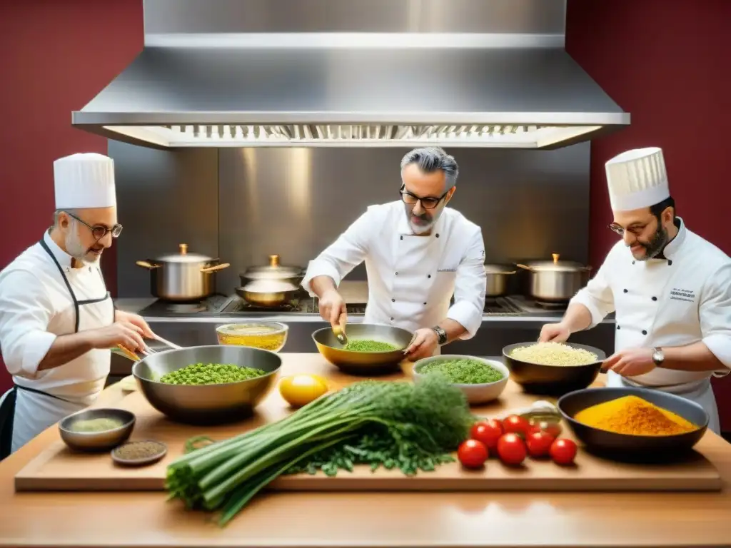 Cocina internacional chefs prestigio: Vibrante cocina italiana con el chef Massimo Bottura y su equipo preparando exquisitos platillos