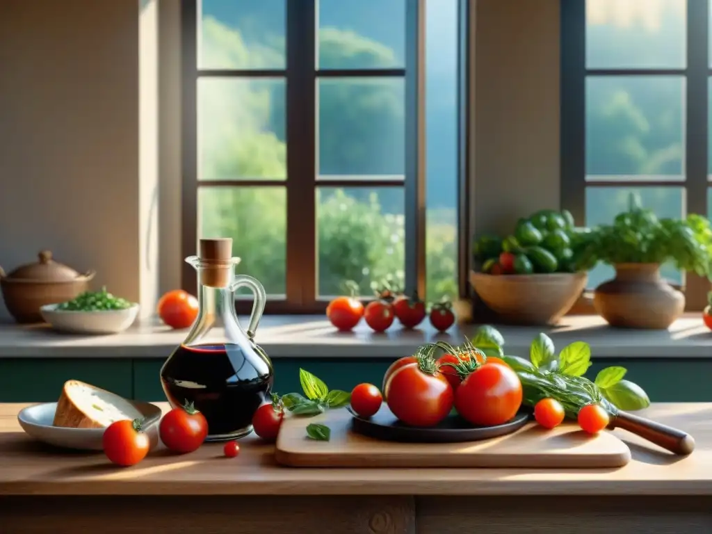 Exquisita cocina italiana con balsámico: una obra de arte gastronómica Una cocina italiana tradicional detallada con mesa de madera lista para una comida gourmet