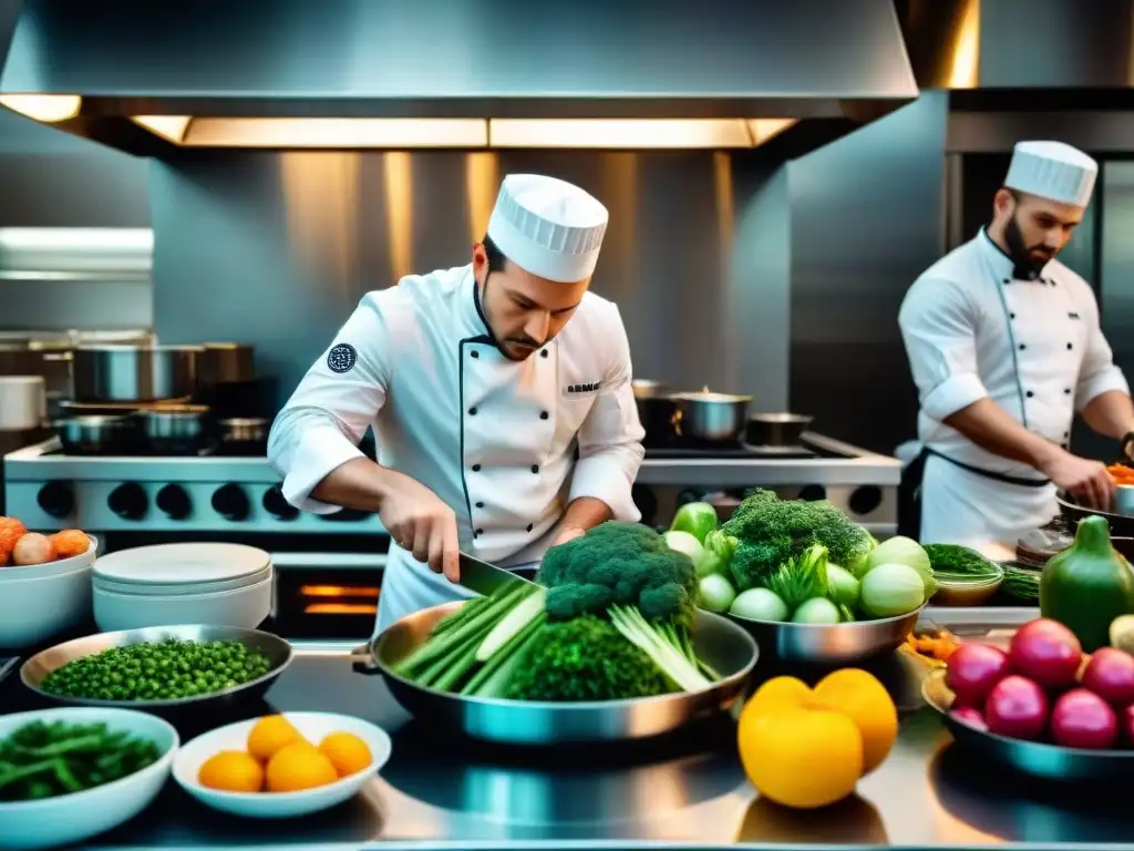 Cocina llena de chefs en uniformes blancos, preparando una Cena PopUp con organización y secretos culinarios