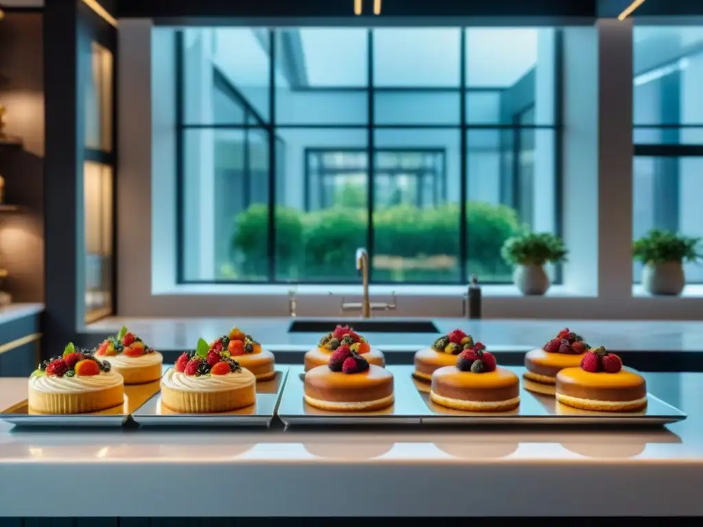 Una cocina de lujo llena de detalles, con libros de cocina chefs pastelería y exquisitos pasteles, iluminada por luz natural