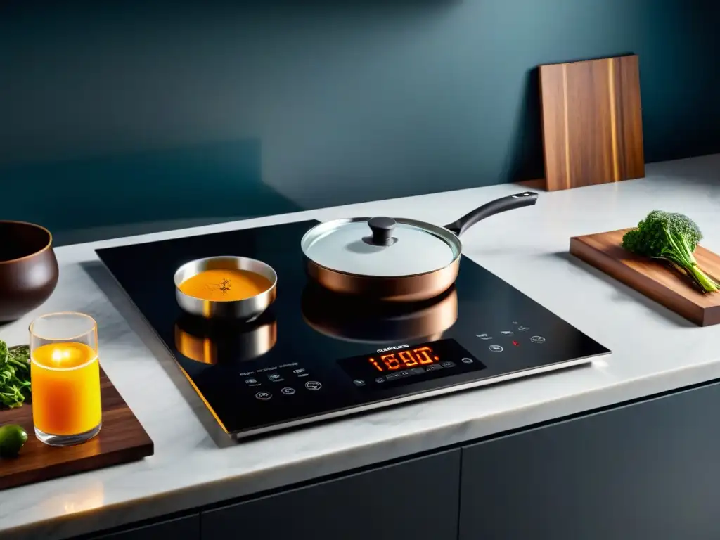 Una cocina lujosa con una placa de inducción alta gama, diseño moderno y elegante