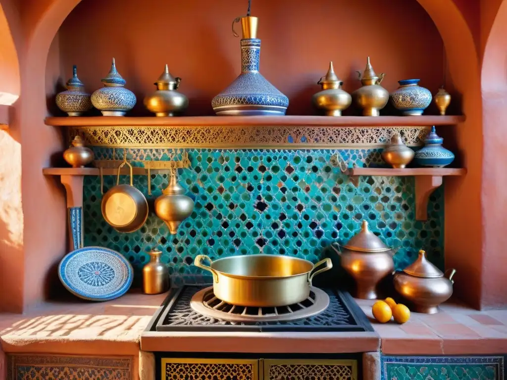 Una cocina marroquí tradicional llena de historia, sabor y color, con tagines y azulejos vibrantes