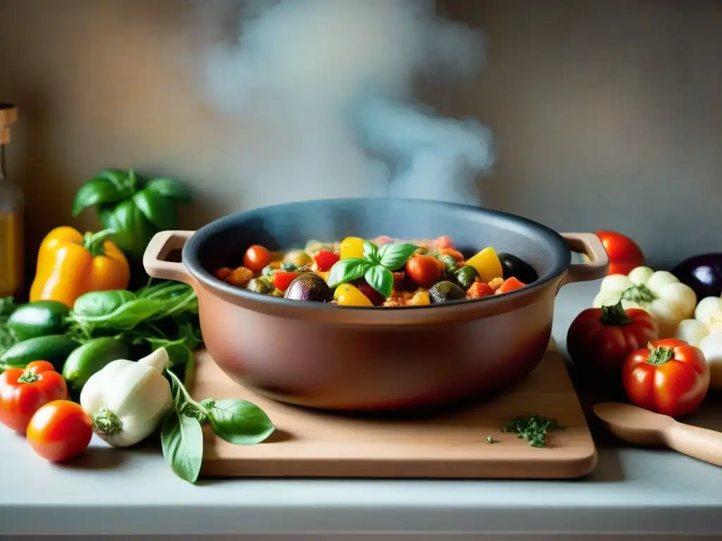 Una cocina mediterránea rústica rebosante de verduras frescas y hierbas aromáticas, con un guiso burbujeante en una olla de barro