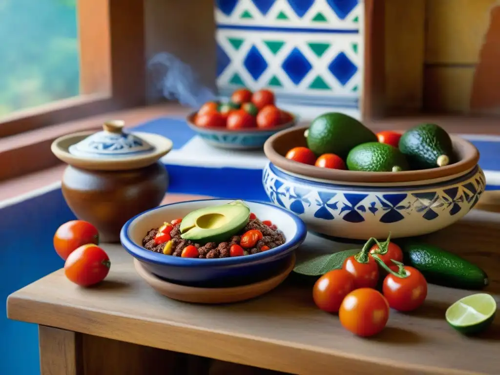 Una cocina mexicana tradicional con Sal de Colima, azulejos Talavera, mesa de madera y alimentos frescos