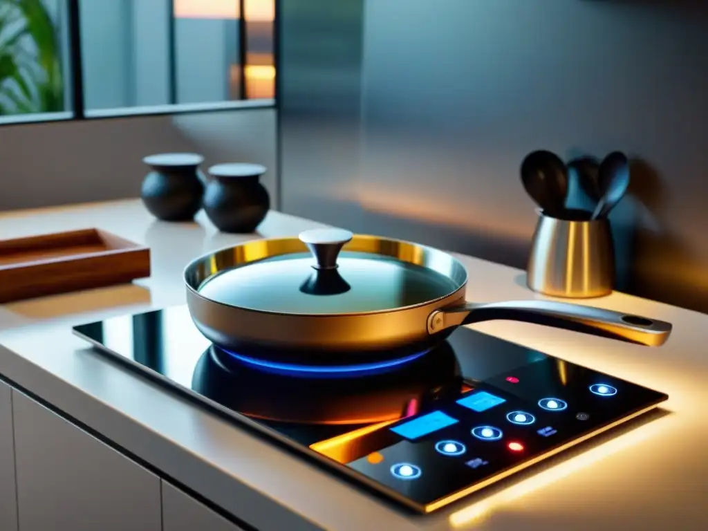 Una cocina moderna de alta gama con placas de inducción en acción, decorada con accesorios elegantes y de calidad